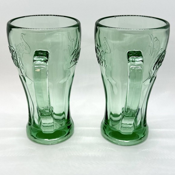Set Of 2 Vintage Green Coca-Cola Glasses With Handle Mugs 14 oz Heavy‎ - Picture 3 of 10